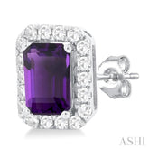 6x4 MM Octagonal Shape Amethyst and 1/4 Ctw Round Cut Diamond Halo Semi-Precious Stud Earrings in 10K White Gold